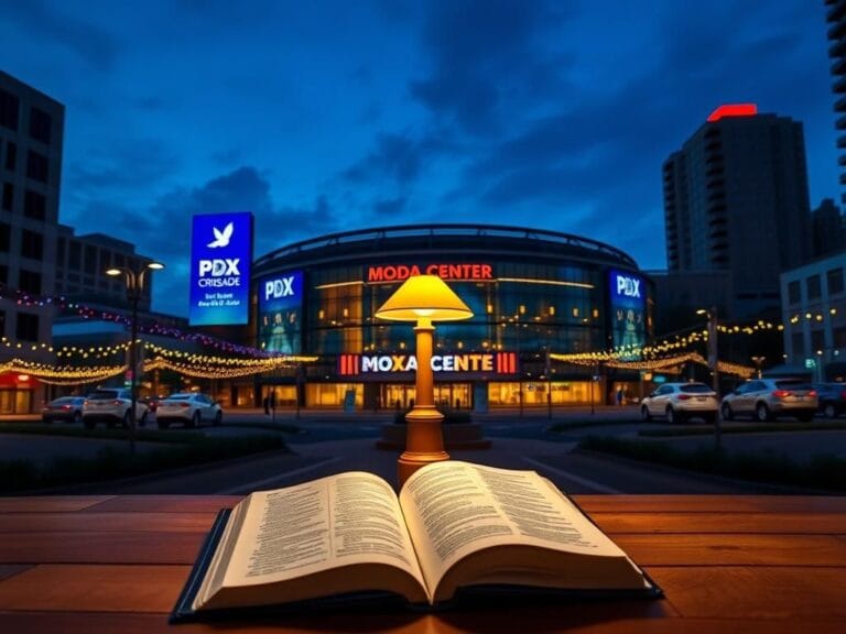 Flick International Illuminated Moda Center in Portland at twilight during the PDX Crusade event