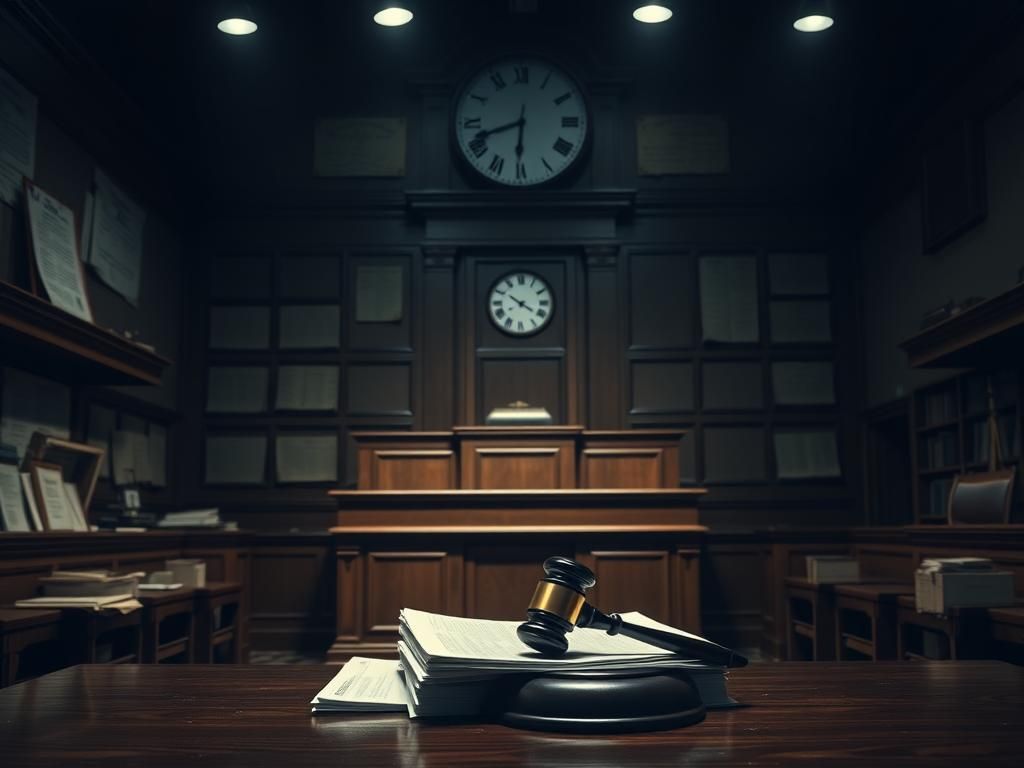 Flick International Dimly lit courtroom scene with a focus on the wooden judge's bench and empty witness stand, symbolizing legal battle