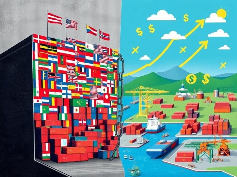 Flick International A dynamic representation of a trade war with a split scene showcasing tariffs and trade agreements