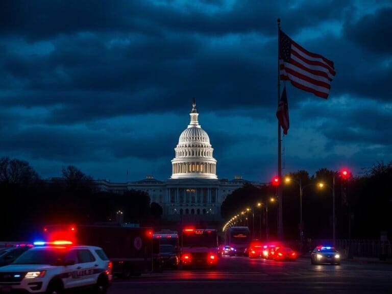 Flick International Dramatic nighttime scene of U.S. Capitol under cloudy sky with police presence