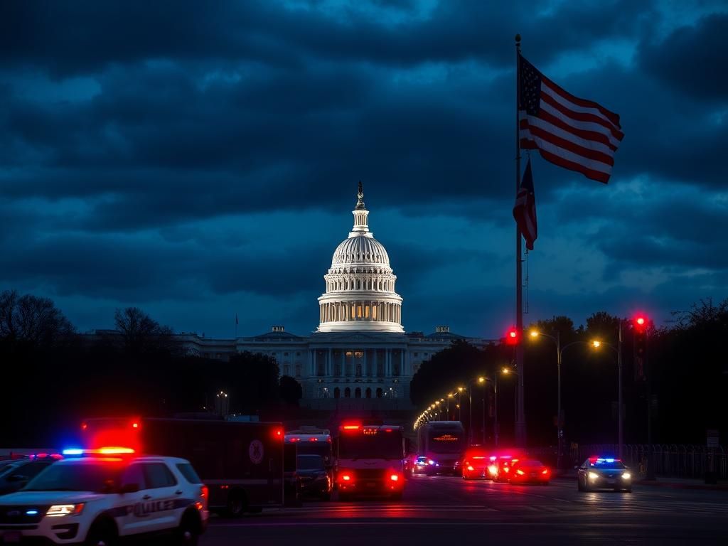Flick International Dramatic nighttime scene of U.S. Capitol under cloudy sky with police presence