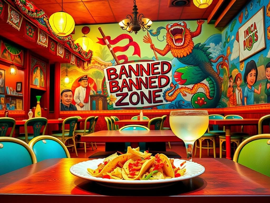 Flick International Vibrant Mexican restaurant scene with colorful decor and empty table symbolizing exclusion