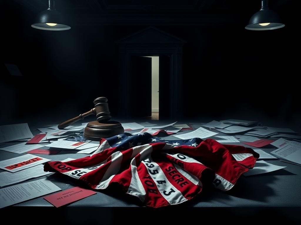 Flick International A dark room filled with scattered classified documents and a shadowy silhouette of a gavel symbolizing justice.