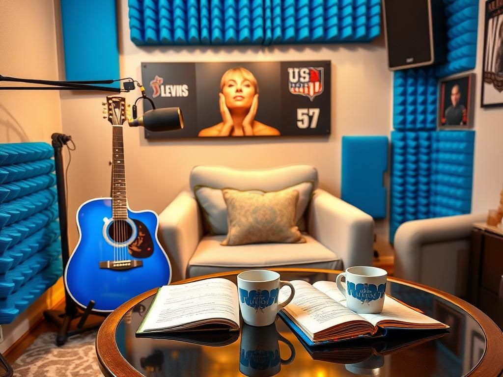 Flick International Cozy podcast studio setup with stylish microphone and blue decor