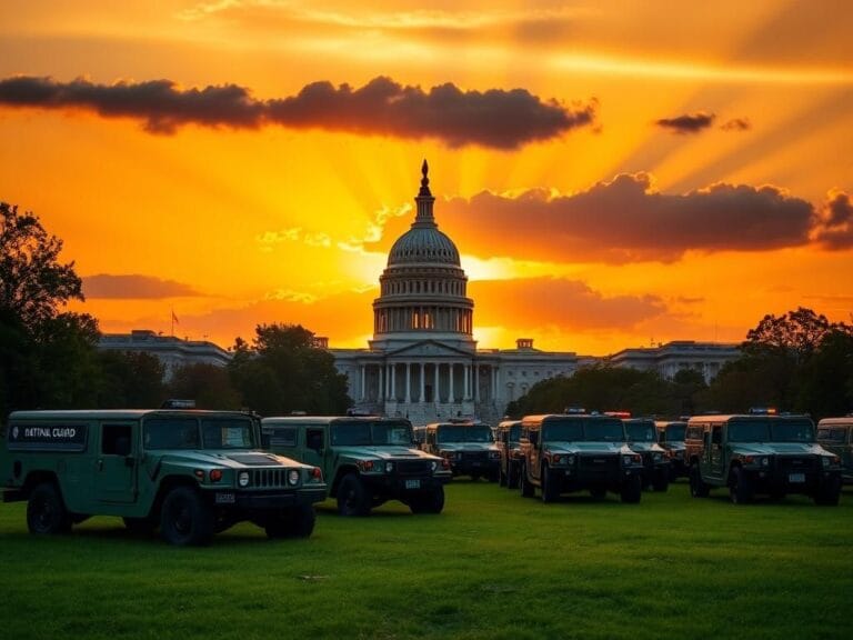 Flick International Dramatic sunset over the Capitol building with National Guard Humvees in the foreground.