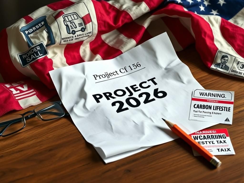 Flick International A crumpled memo titled 'Project 2026' surrounded by colorful infographics and a faded American flag.