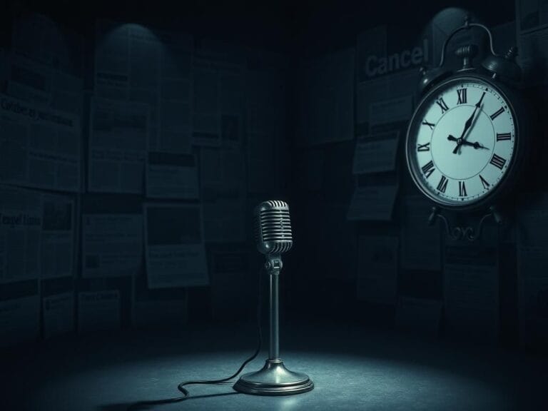 Flick International Dimly lit room with a vintage microphone symbolizing free speech and public discourse tension