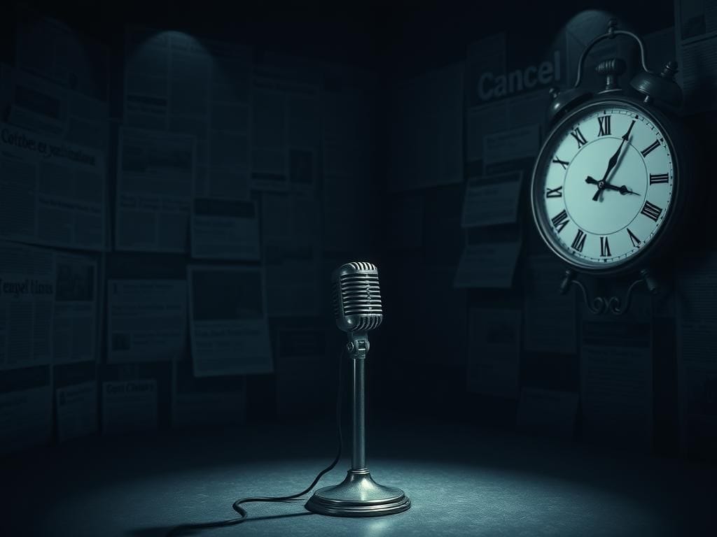 Flick International Dimly lit room with a vintage microphone symbolizing free speech and public discourse tension