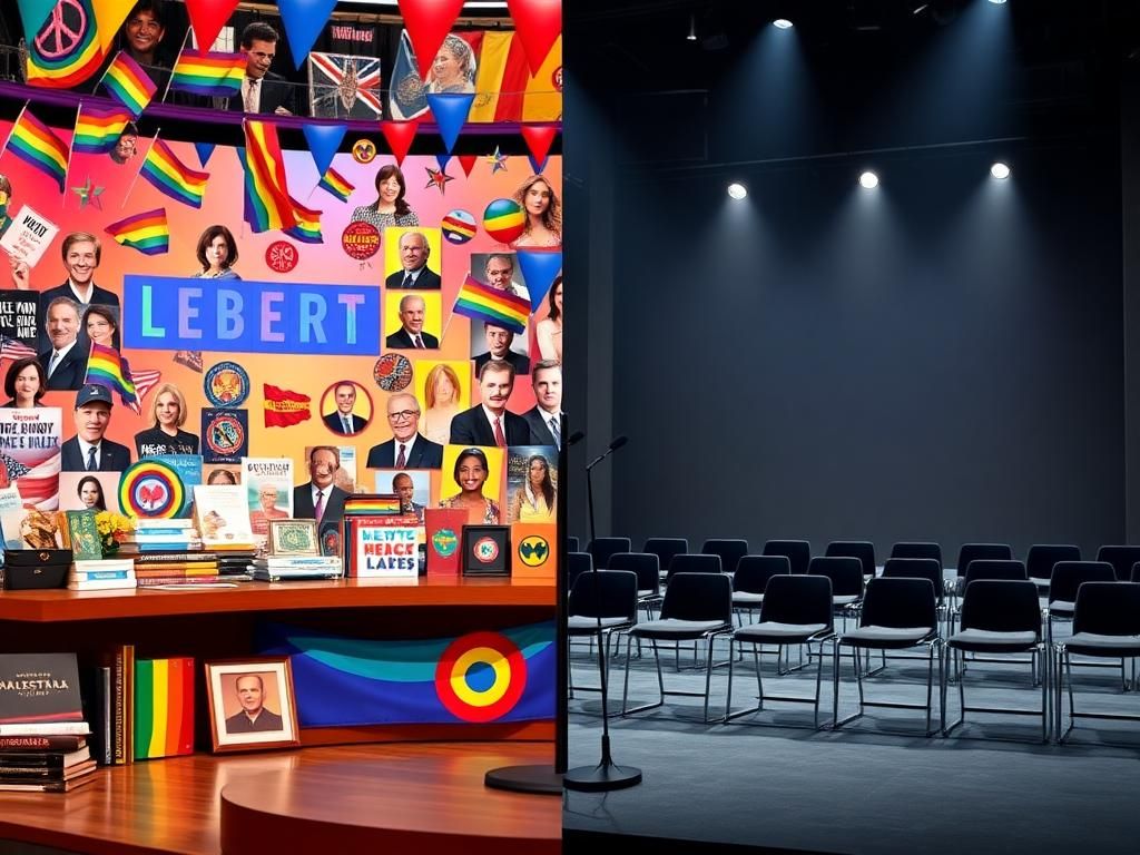 Flick International A split-screen image contrasting a vibrant talk show set with liberal symbols and a barren stage with no conservative voices.