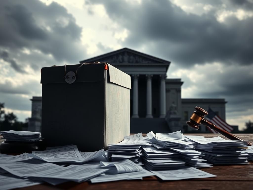 Flick International A weathered ballot box surrounded by scattered voter registration forms