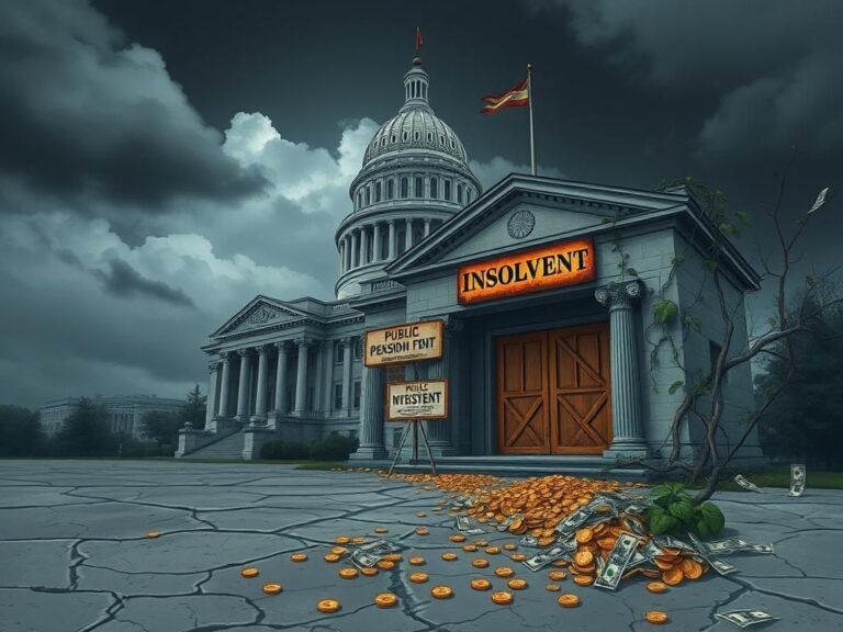 Flick International Illustration of a state capitol building with dark clouds and a dilapidated pension fund building in the foreground.