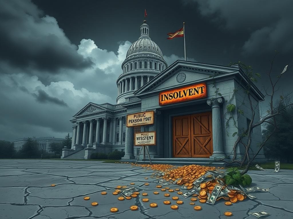 Flick International Illustration of a state capitol building with dark clouds and a dilapidated pension fund building in the foreground.