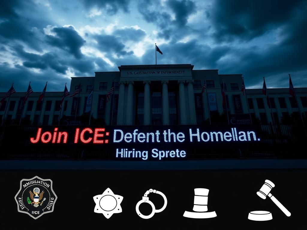 Flick International U.S. ICE building with recruitment sign and patriotic colors