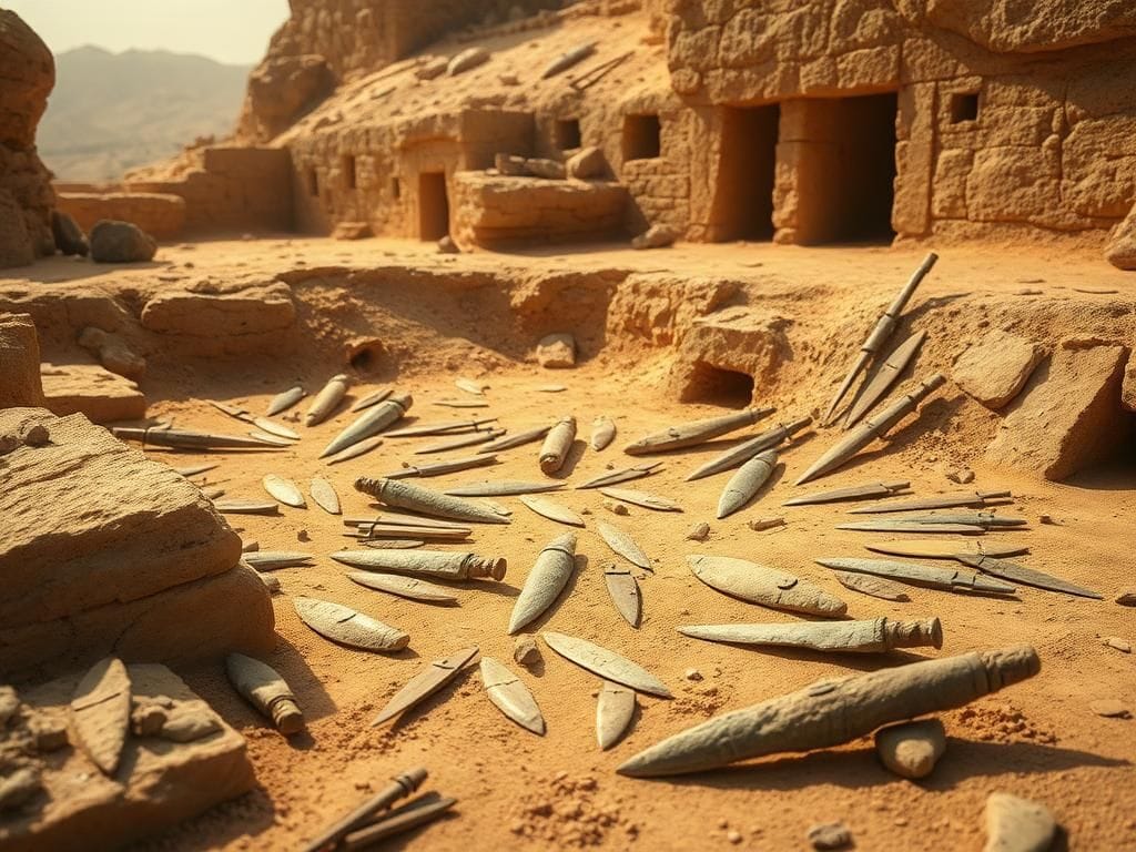 Flick International Ancient Canaanite blade factory scene revealing large flint cores and sharp blades