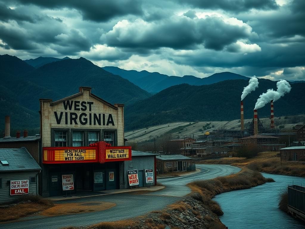 Flick International A weathered coal town in West Virginia with a dilapidated theater and rugged mountains under a stormy sky.