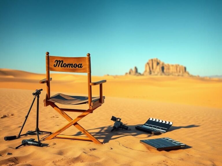 Flick International A rugged sand dune landscape with a worn director's chair marked 'Momoa' in the foreground.