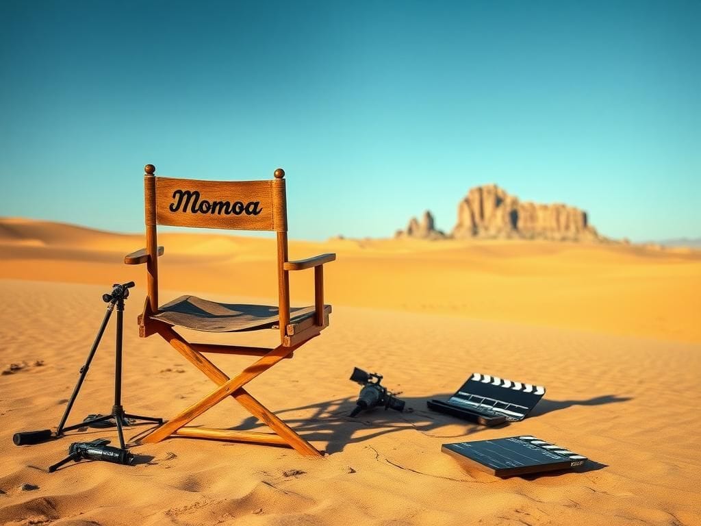 Flick International A rugged sand dune landscape with a worn director's chair marked 'Momoa' in the foreground.