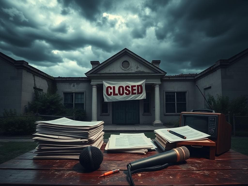 Flick International Weathered 'Closed' sign at a dilapidated public broadcasting building