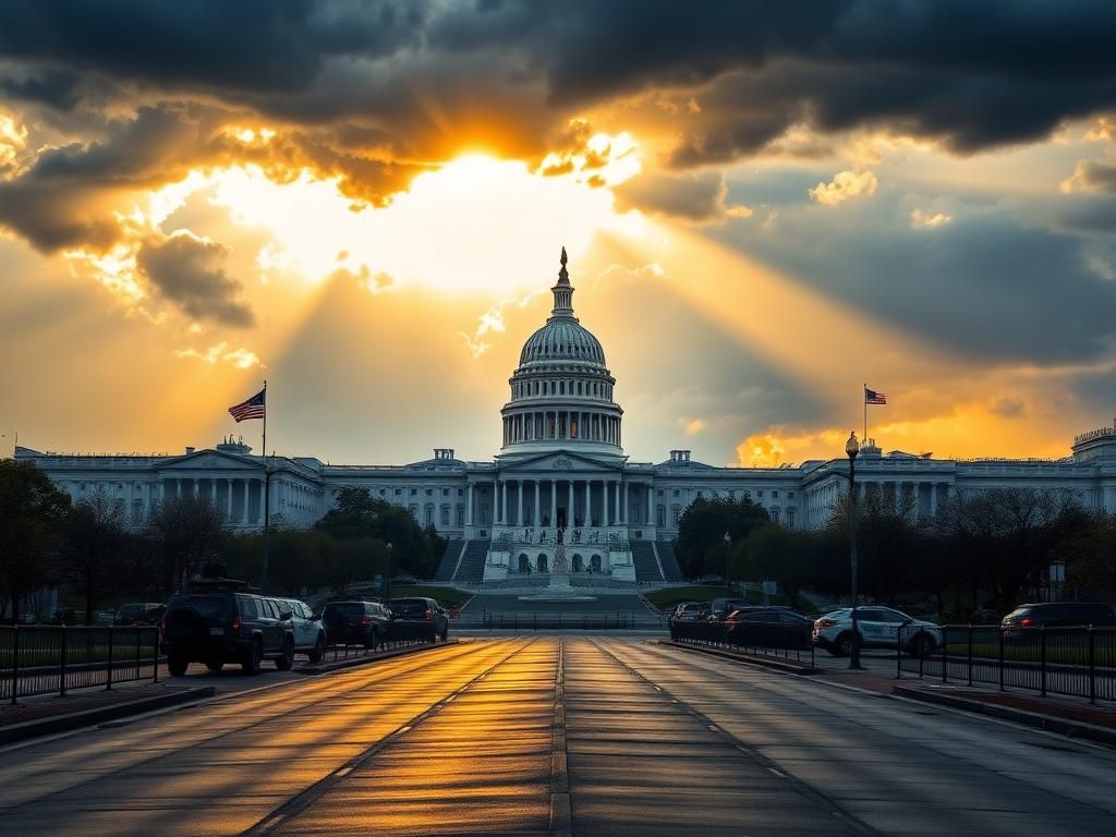 Flick International A dramatic skyline of Washington, D.C. at dusk featuring the Capitol Building and National Guard vehicle.