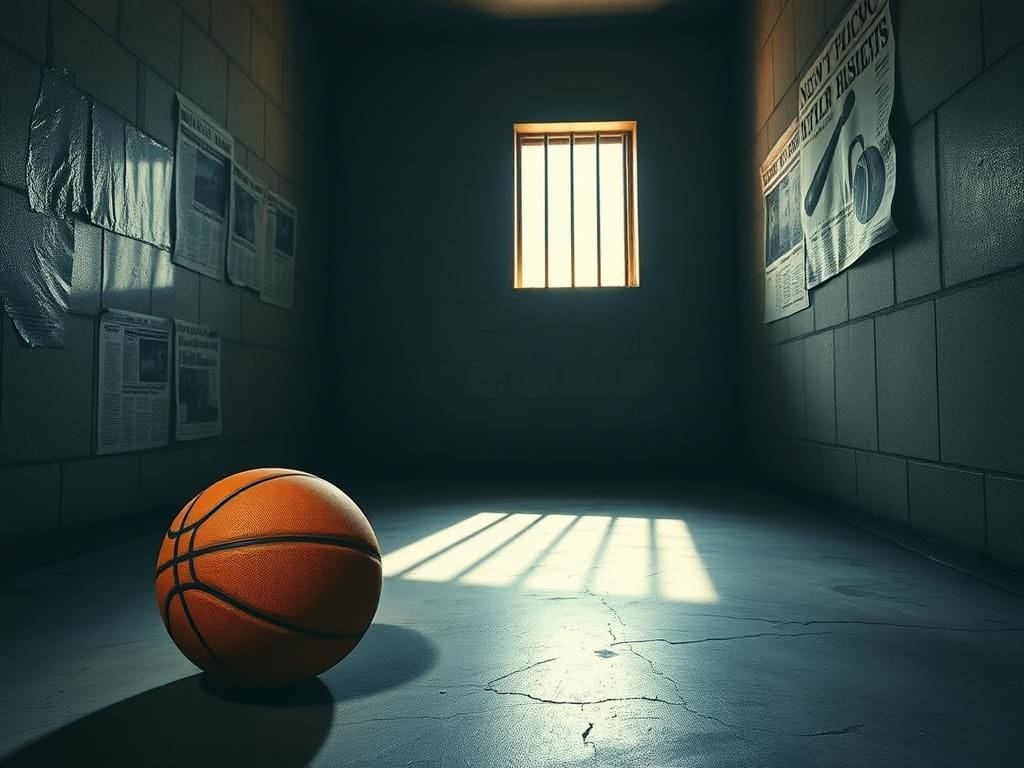 Flick International Dimly lit prison cell with a worn basketball, highlighting themes of confinement and regret