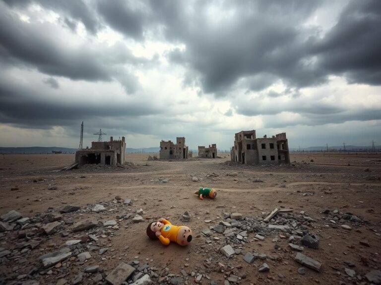 Flick International A desolate landscape of the Gaza Strip with barren ground and remnants of destroyed buildings, symbolizing humanitarian crisis.