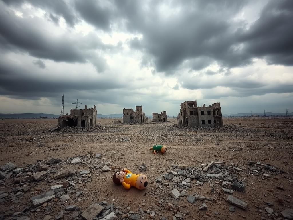 Flick International A desolate landscape of the Gaza Strip with barren ground and remnants of destroyed buildings, symbolizing humanitarian crisis.