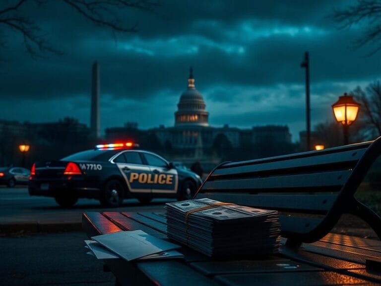 Flick International Dimly lit urban scene of Washington, D.C. with landmarks and a police car symbolizing law enforcement