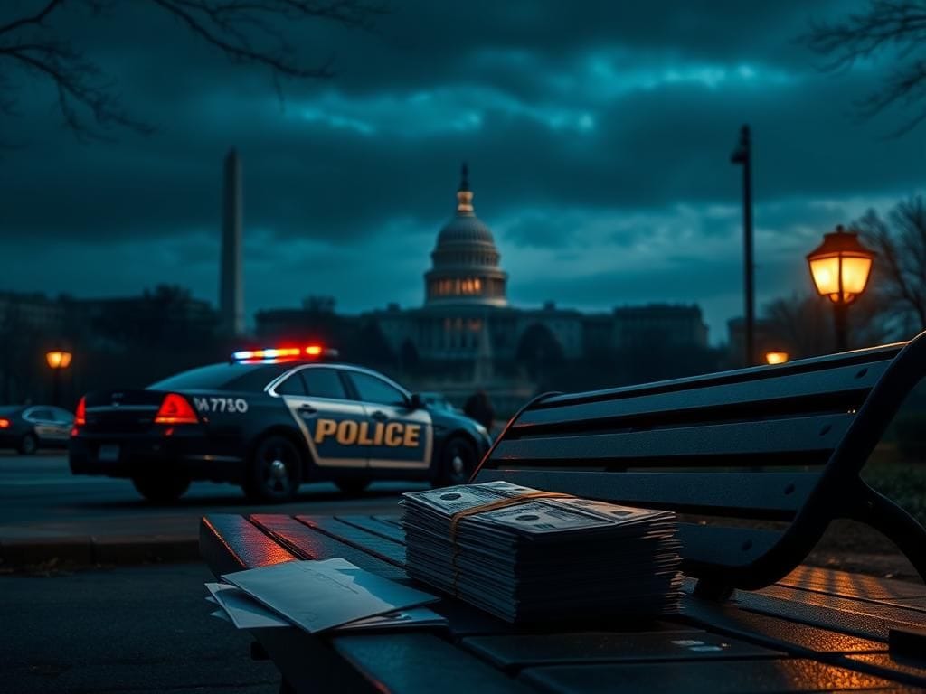 Flick International Dimly lit urban scene of Washington, D.C. with landmarks and a police car symbolizing law enforcement