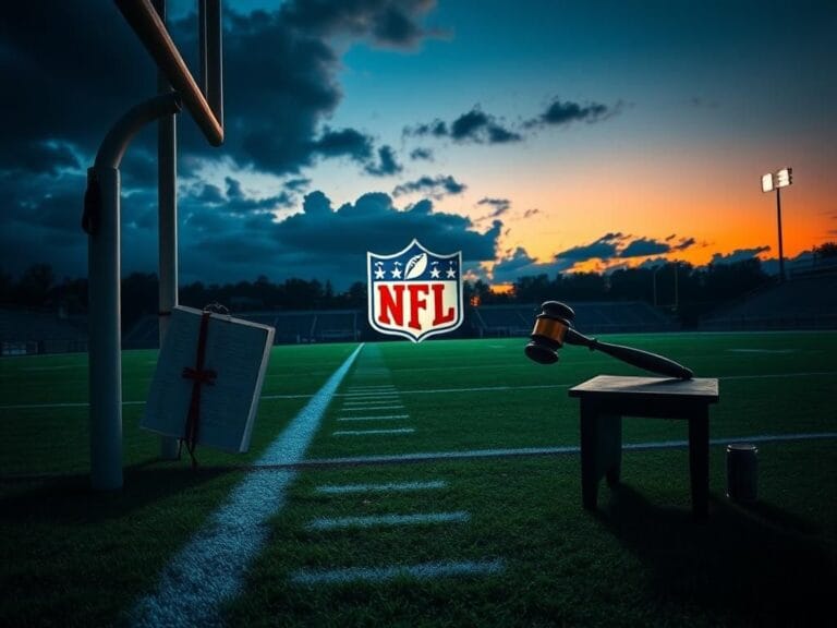 Flick International A deserted football field at dusk with a playbook and a whistle, symbolizing Jon Gruden's legal battle against the NFL