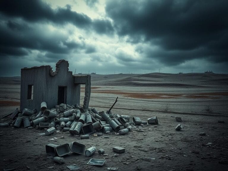 Flick International Desolate landscape in Gaza showing abandoned structure and symbols of suffering