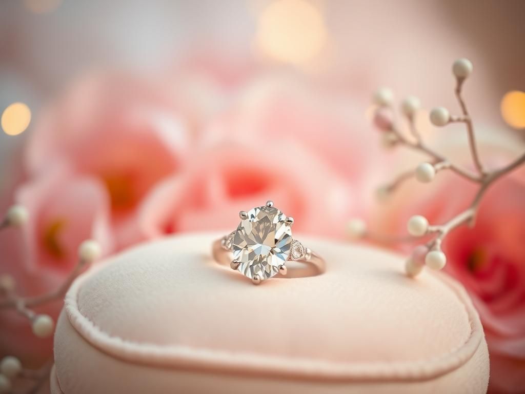 Flick International Close-up of a massive oval-shaped engagement ring on a velvet cushion