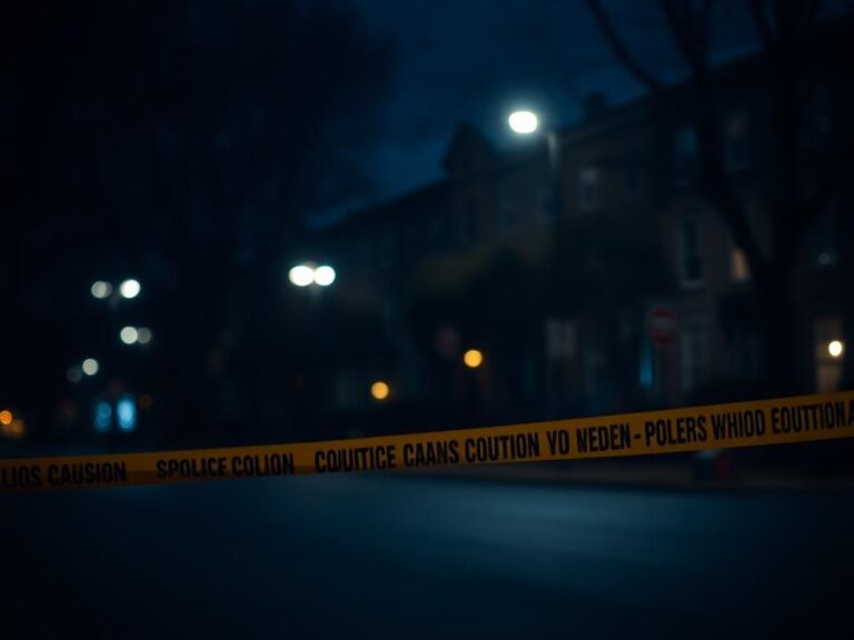 Flick International Somber nighttime scene in Logan Circle, Washington D.C. with police barricade and darkened rowhouses