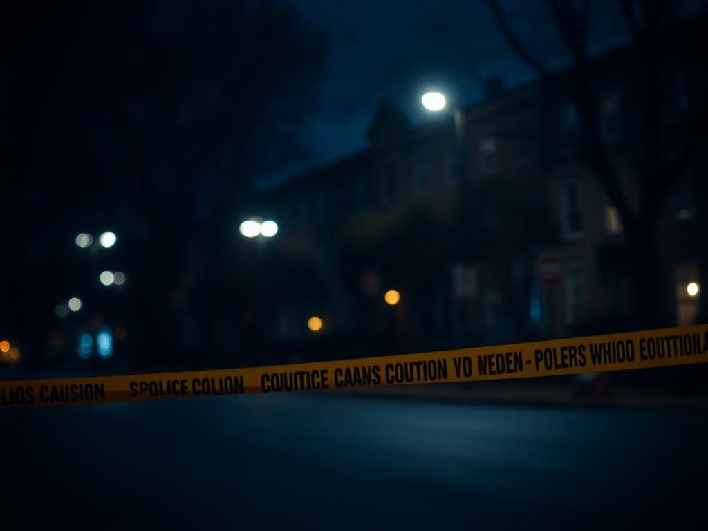 Flick International Somber nighttime scene in Logan Circle, Washington D.C. with police barricade and darkened rowhouses