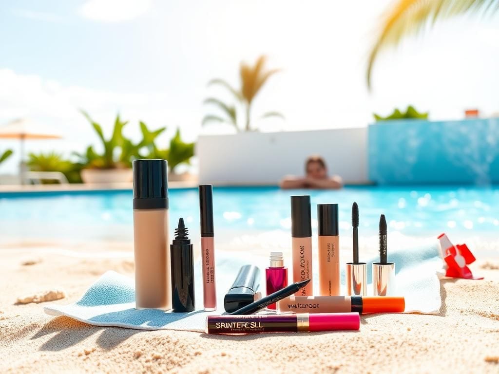 Flick International Vibrant beach scene with waterproof makeup products displayed on sand