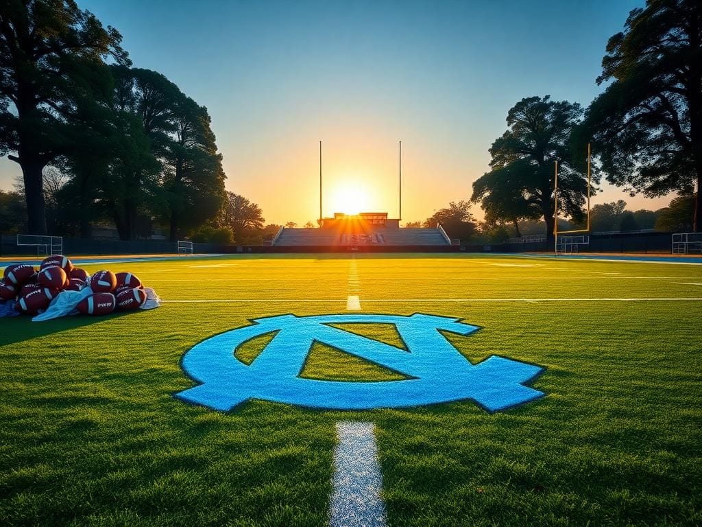 Flick International Vibrant football field at sunrise featuring the North Carolina Tar Heels logo