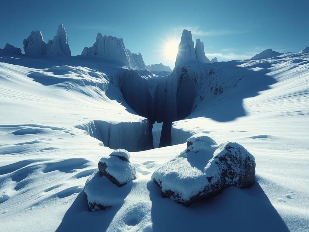 Flick International Vast Antarctic landscape featuring a dark crevasse and jagged ice formations