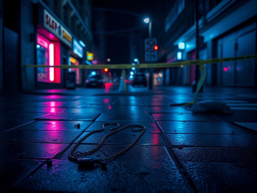 Flick International Dimly lit urban street corner at night reflecting aftermath of violence