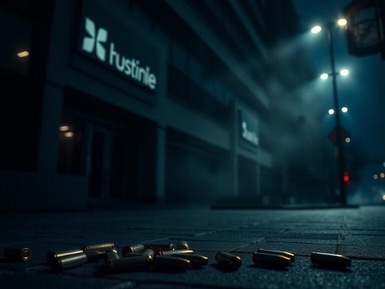 Flick International Dark urban scene featuring a corporate building with a health insurance logo, surrounded by bullet casings on the pavement.