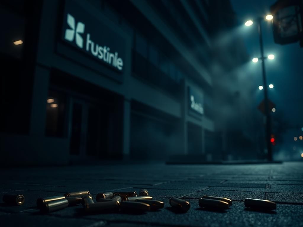 Flick International Dark urban scene featuring a corporate building with a health insurance logo, surrounded by bullet casings on the pavement.