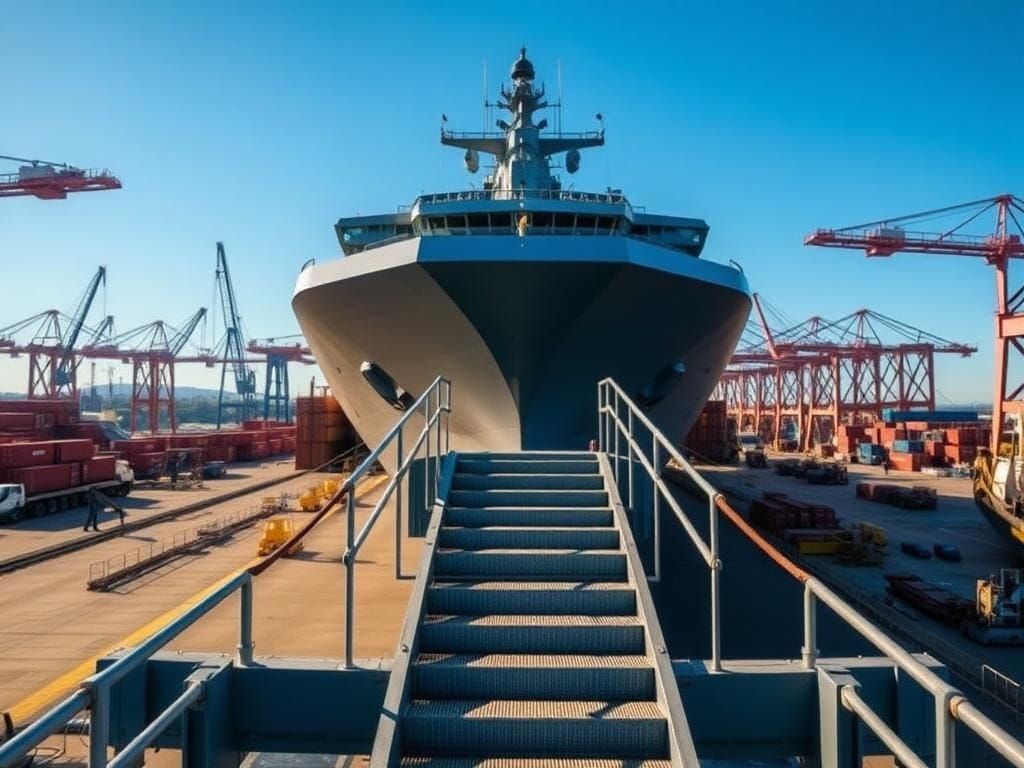 Flick International A large National Security Multi-Mission Vessel docked at a Philadelphia shipyard, showcasing its size and surroundings.