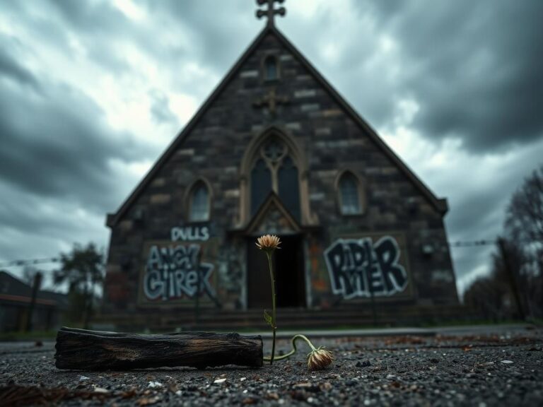 Flick International Vandalized church facade with broken stained glass and defaced stone surface