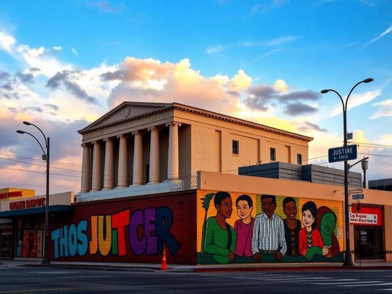 Flick International Courthouse and mural reflecting justice and unity in Los Angeles