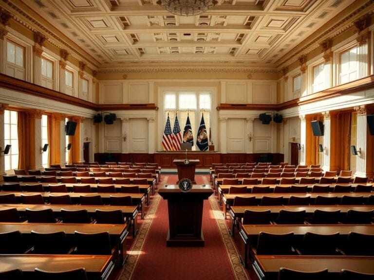 Flick International Wide-angle view of the empty White House briefing room showcasing polished wood finishes and ornate design elements.