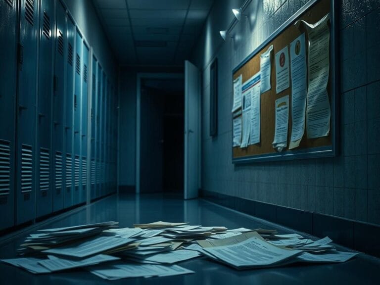 Flick International Dimly lit school hallway with closed classroom doors and scattered papers symbolizing whistleblower efforts