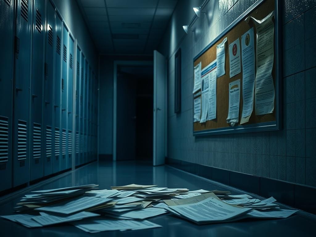 Flick International Dimly lit school hallway with closed classroom doors and scattered papers symbolizing whistleblower efforts