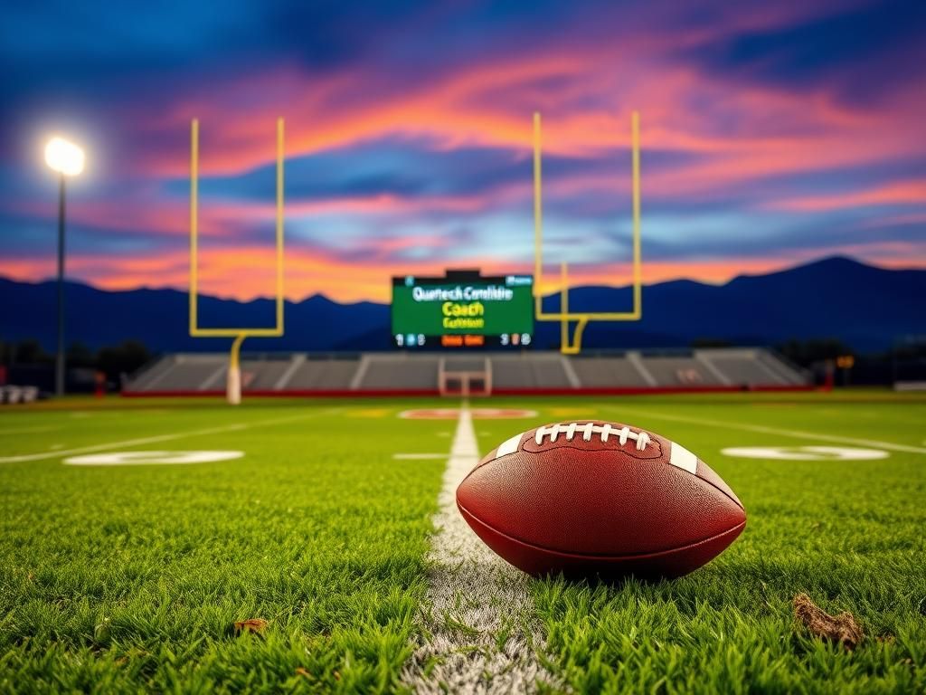 Flick International A vibrant football field illuminated by stadium lights at dusk, showcasing a college team's logo and a scoreboard reading 'Quarterback Competition'.