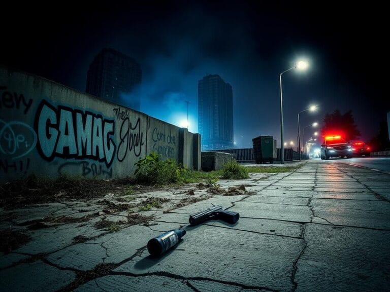 Flick International Urban landscape at night depicting gang symbols and signs of crime