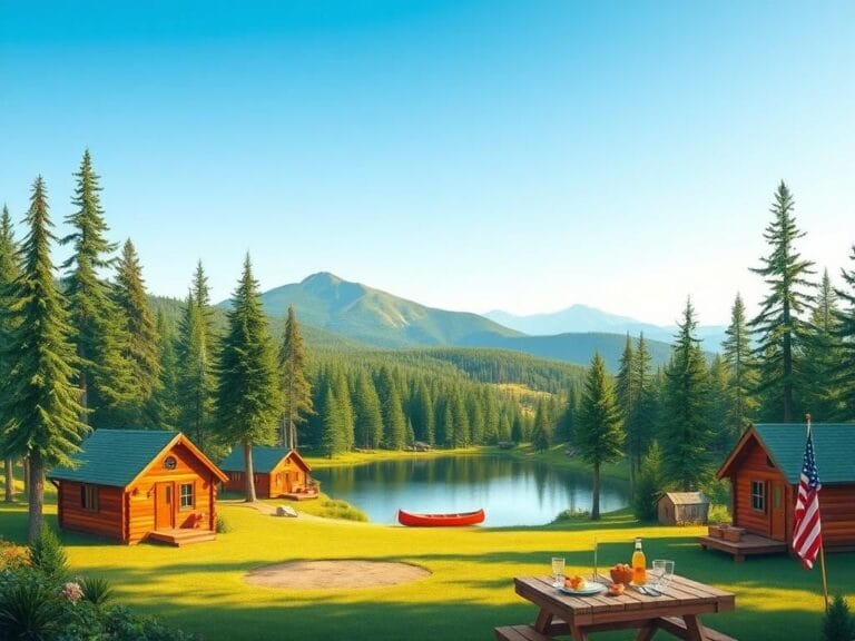 Flick International Serene summer camp scene with colorful cabins by a picturesque lake