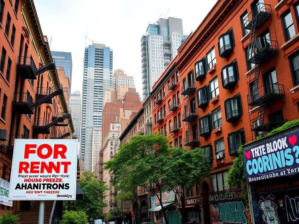 Flick International Urban street scene in Brooklyn showcasing rent-stabilized buildings and housing activism