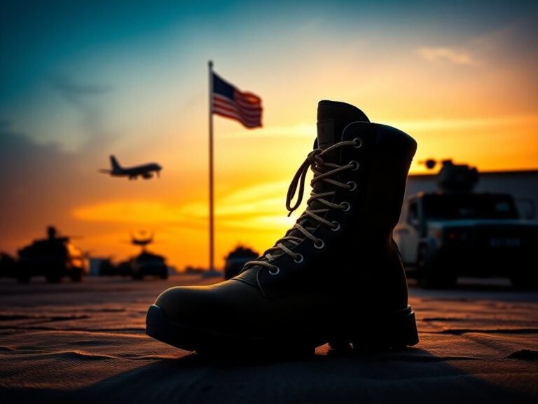 Flick International A female combat boot on a weathered canvas at a military base with silhouettes of vehicles and aircraft in the background
